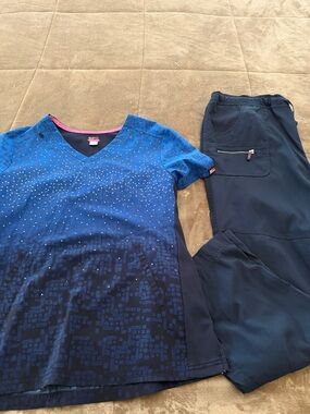 koi Blue Ombre Scrub Top & Navy Scrub Pants